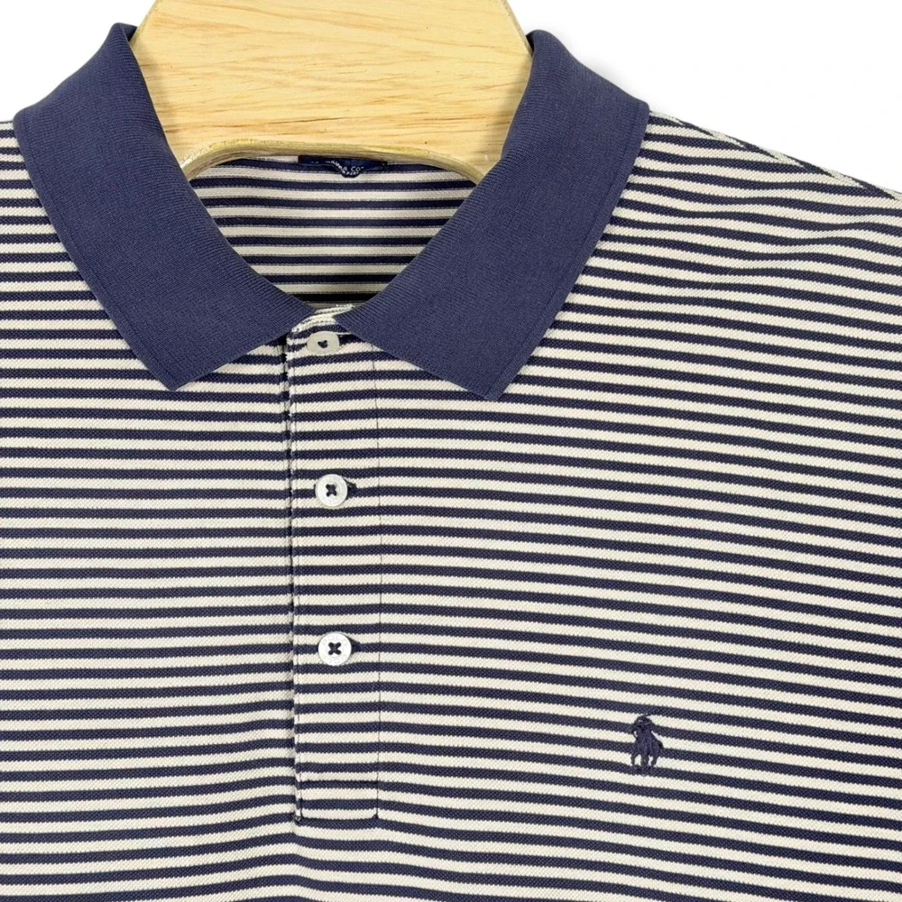 Vintage Polo Golf Ralph Lauren Polo Shirt‎ Mens Large Navy Tan Stripe Pima Pony